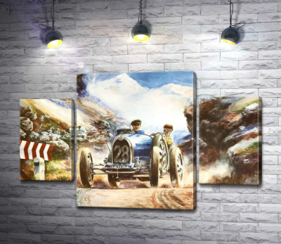 Модульна картина "Гоночний автомобіль Bugatti Type 35 на трасі серед засніжених Альп"