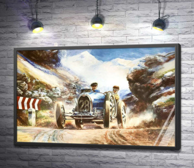 Постер "Гоночний автомобіль Bugatti Type 35 на трасі серед засніжених Альп"