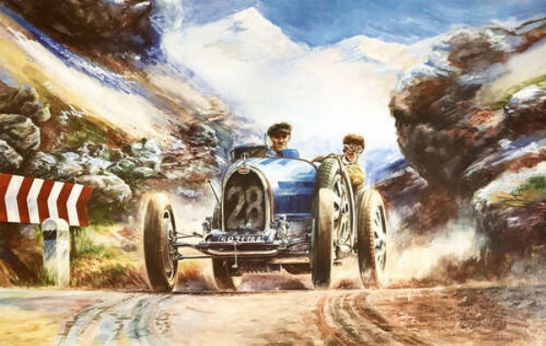 Гоночный автомобиль Bugatti Type 35 на трассе среди заснеженных Альп