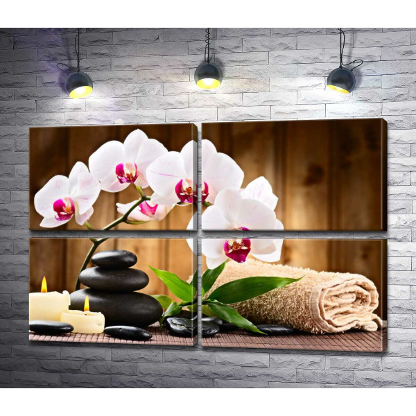 Расслабляющие составляющие спа: свежая орхидея и бамбук, блестящие камни возле мягкого полотенца и свечи