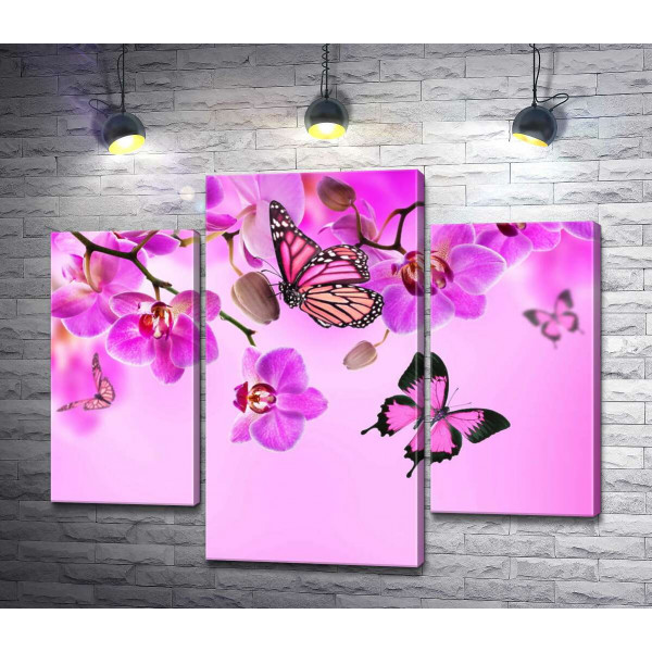 Полеты бабочек среди неоново-розовых ветвей орхидей