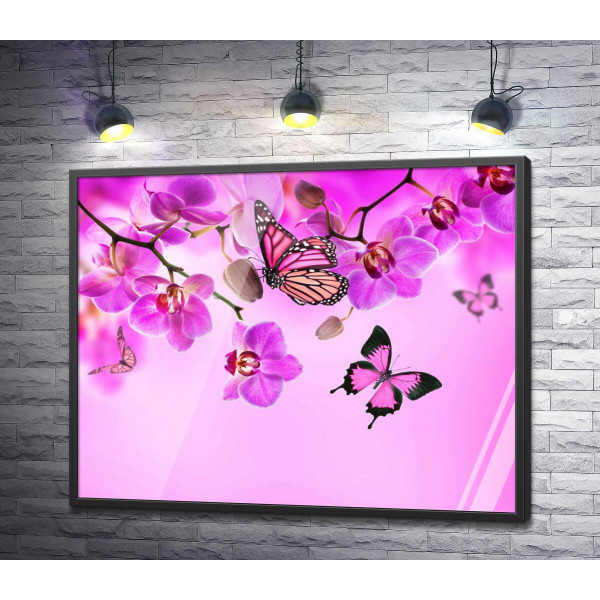 Польоти метеликів серед неоново-рожевих гілок орхідей 