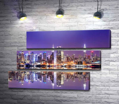 Модульная картина "Цветные огни ночного Нью-Йорка отражаются в воде"
