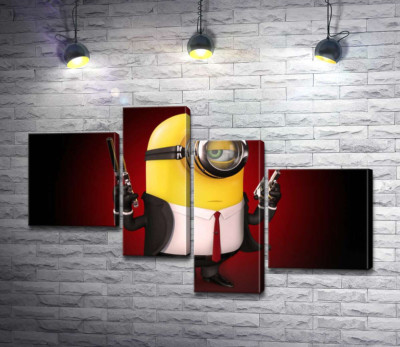 Модульная картина "Самоуверенный миньон Хитман (Hitman minion) в костюме с пистолетами"