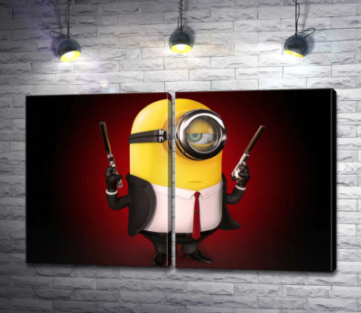Модульна картина "Самовпевнений міньйон Хітман (Hitman minion) в костюмі з пістолетами"