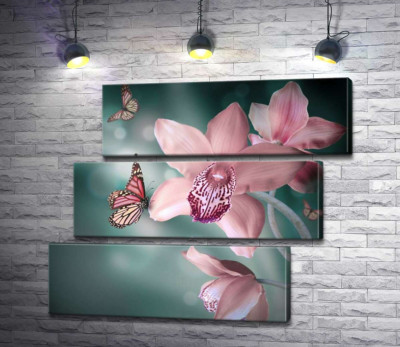 Модульная картина "Цветные бабочки парят среди остролистых орхидей"