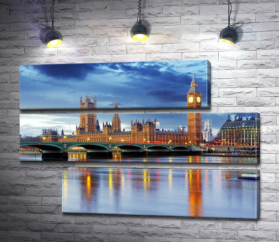 Модульная картина "Здание британского парламента и знаменитый Биг-Бен (Big Ben) виднеются из-за моста через Темзу"
