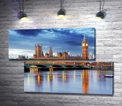 Модульная картина "Здание британского парламента и знаменитый Биг-Бен (Big Ben) виднеются из-за моста через Темзу"