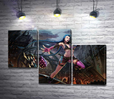 Модульная картина "Героиня игры League of Legends, хулиганка Джинкс, на фоне разрушенного города"