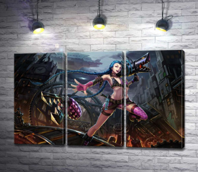 Модульна картина "Героїня гри League of Legends, хуліганка Джинкс, на фоні зруйнованого міста"
