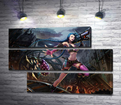 Модульная картина "Героиня игры League of Legends, хулиганка Джинкс, на фоне разрушенного города"