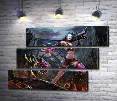Модульна картина "Героїня гри League of Legends, хуліганка Джинкс, на фоні зруйнованого міста"