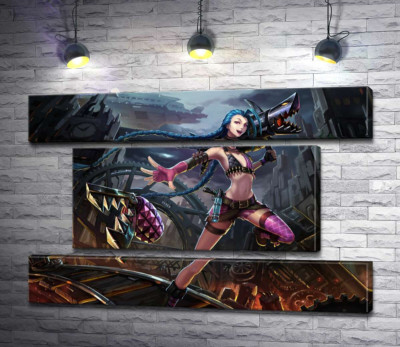 Модульная картина "Героиня игры League of Legends, хулиганка Джинкс, на фоне разрушенного города"