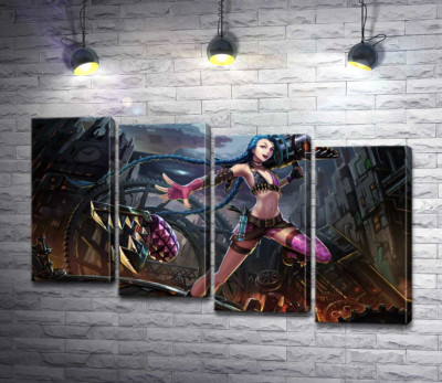 Модульна картина "Героїня гри League of Legends, хуліганка Джинкс, на фоні зруйнованого міста"