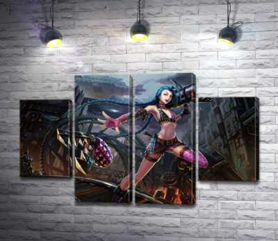 Модульная картина "Героиня игры League of Legends, хулиганка Джинкс, на фоне разрушенного города"