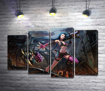 Модульная картина "Героиня игры League of Legends, хулиганка Джинкс, на фоне разрушенного города"