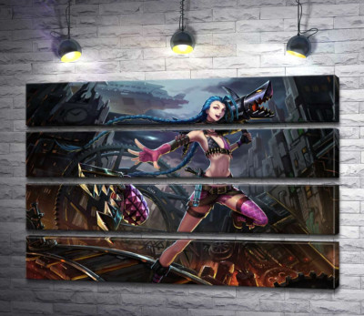 Модульная картина "Героиня игры League of Legends, хулиганка Джинкс, на фоне разрушенного города"