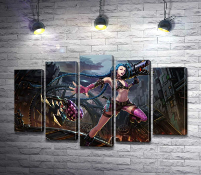 Модульная картина "Героиня игры League of Legends, хулиганка Джинкс, на фоне разрушенного города"