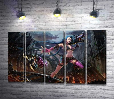 Модульная картина "Героиня игры League of Legends, хулиганка Джинкс, на фоне разрушенного города"