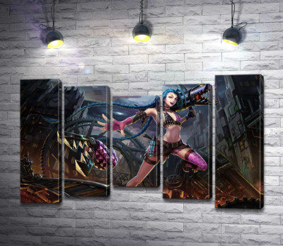 Модульна картина "Героїня гри League of Legends, хуліганка Джинкс, на фоні зруйнованого міста"