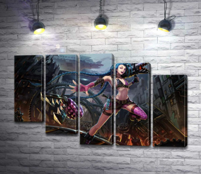 Модульна картина "Героїня гри League of Legends, хуліганка Джинкс, на фоні зруйнованого міста"