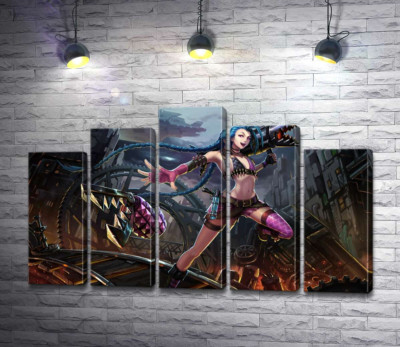 Модульная картина "Героиня игры League of Legends, хулиганка Джинкс, на фоне разрушенного города"