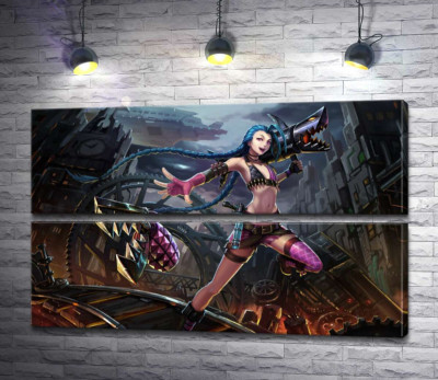 Модульна картина "Героїня гри League of Legends, хуліганка Джинкс, на фоні зруйнованого міста"