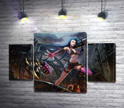Модульная картина "Героиня игры League of Legends, хулиганка Джинкс, на фоне разрушенного города"