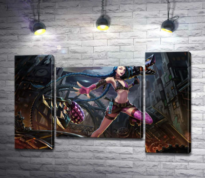 Модульная картина "Героиня игры League of Legends, хулиганка Джинкс, на фоне разрушенного города"