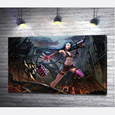Героиня игры League of Legends, хулиганка Джинкс, на фоне разрушенного города