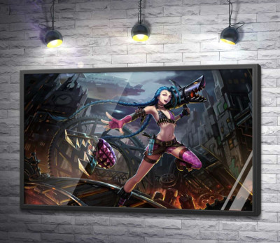 Постер "Героиня игры League of Legends, хулиганка Джинкс, на фоне разрушенного города"