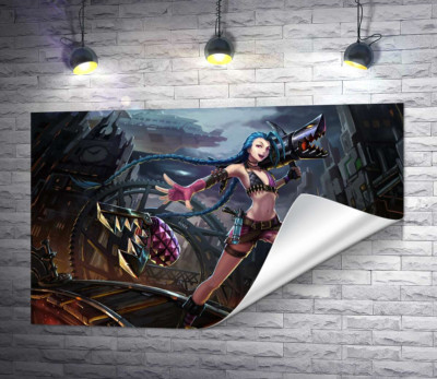 Героїня гри League of Legends, хуліганка Джинкс, на фоні зруйнованого міста