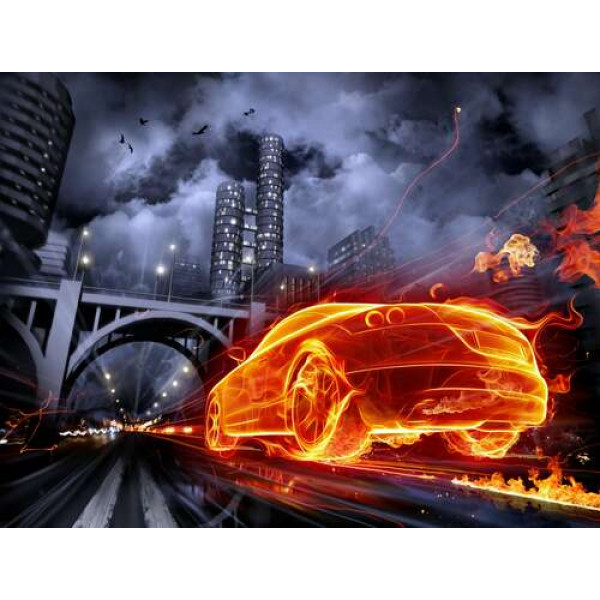 Вогняний привид автомобіля мчить під міст нічного міста