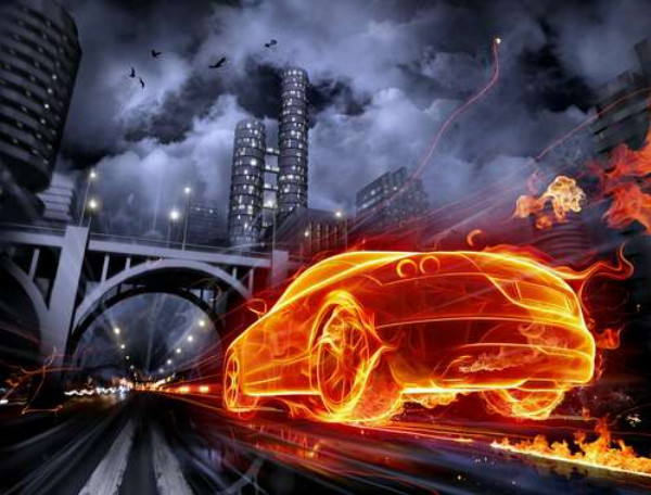 Огненный призрак автомобиля несется под мост ночного города