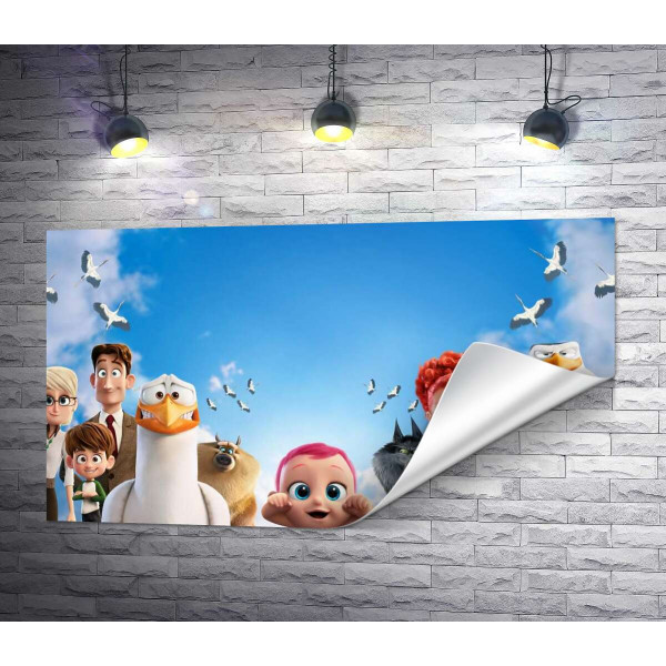 Веселый постер с персонажами мультфильма "Аисты" (Storks)