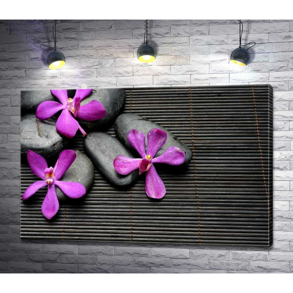 Яскраві квіти орхідей на чорному камінні та бамбуковому килимі