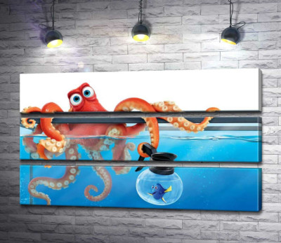 Модульна картина "Герої мультфільму "В пошуках Дорі" (Finding Dory) восьминіг Хенк та риба Дорі в акваріумах"