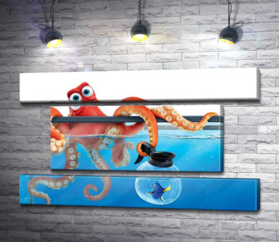 Модульна картина "Герої мультфільму "В пошуках Дорі" (Finding Dory) восьминіг Хенк та риба Дорі в акваріумах"