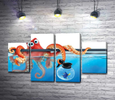 Модульная картина "Герои мультфильма "В поисках Дори" (Finding Dory) осьминог Хэнк и рыба Дори в аквариумах"
