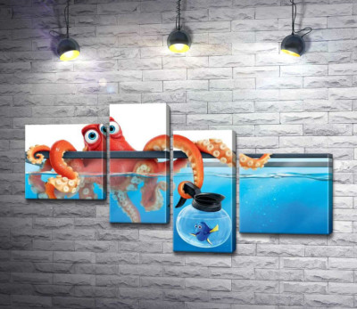 Модульна картина "Герої мультфільму "В пошуках Дорі" (Finding Dory) восьминіг Хенк та риба Дорі в акваріумах"