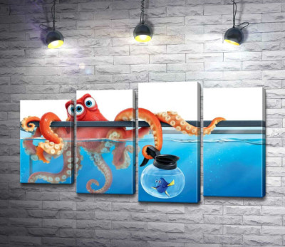 Модульна картина "Герої мультфільму "В пошуках Дорі" (Finding Dory) восьминіг Хенк та риба Дорі в акваріумах"
