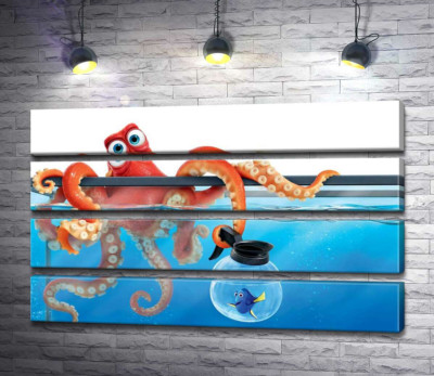 Модульна картина "Герої мультфільму "В пошуках Дорі" (Finding Dory) восьминіг Хенк та риба Дорі в акваріумах"