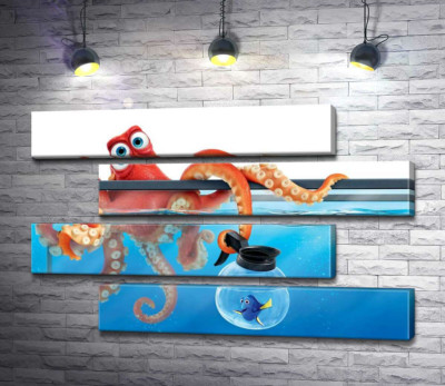Модульная картина "Герои мультфильма "В поисках Дори" (Finding Dory) осьминог Хэнк и рыба Дори в аквариумах"