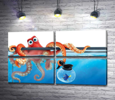 Модульна картина "Герої мультфільму "В пошуках Дорі" (Finding Dory) восьминіг Хенк та риба Дорі в акваріумах"