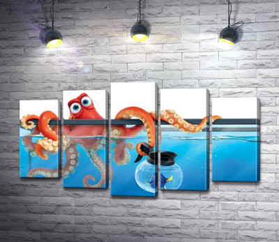 Модульна картина "Герої мультфільму "В пошуках Дорі" (Finding Dory) восьминіг Хенк та риба Дорі в акваріумах"