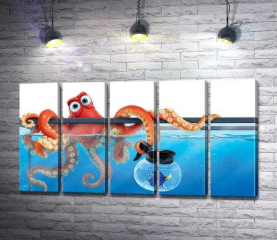 Модульна картина "Герої мультфільму "В пошуках Дорі" (Finding Dory) восьминіг Хенк та риба Дорі в акваріумах"