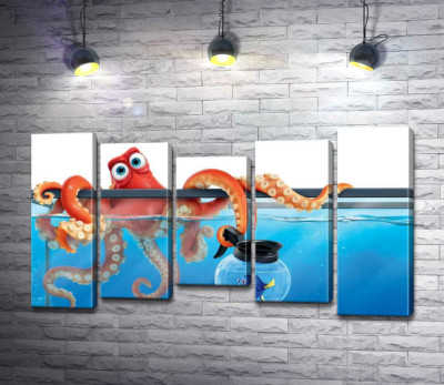 Модульна картина "Герої мультфільму "В пошуках Дорі" (Finding Dory) восьминіг Хенк та риба Дорі в акваріумах"