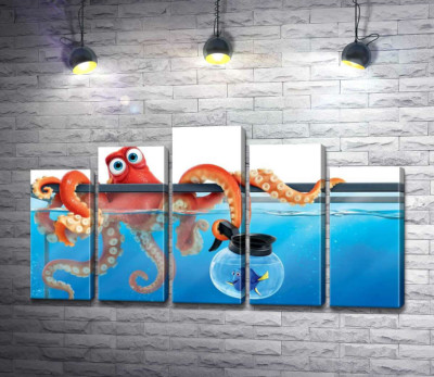 Модульная картина "Герои мультфильма "В поисках Дори" (Finding Dory) осьминог Хэнк и рыба Дори в аквариумах"