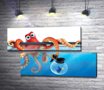 Модульная картина "Герои мультфильма "В поисках Дори" (Finding Dory) осьминог Хэнк и рыба Дори в аквариумах"