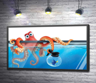 Постер "Герои мультфильма "В поисках Дори" (Finding Dory) осьминог Хэнк и рыба Дори в аквариумах"